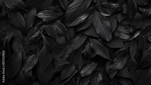  Black leaves background, dark texture for design. Dark foliage, black nature pattern. Abstract wallpaper of black plants and leafs