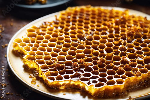 Honeycomb with honey in dish close-up photo