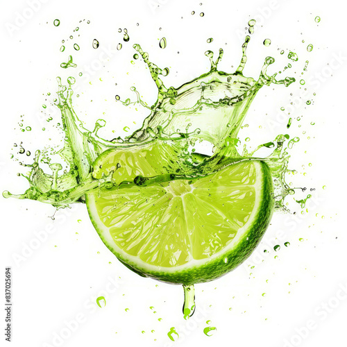 A dynamic image of citrus lime splashing on a white backdrop, evoking the sensation of freshness and vitality. Great for promoting healthy lifestyle and culinary themes. AI generative.