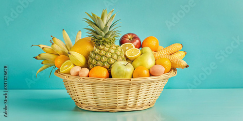 Fruits Basket , Assorted organic vegetables and fruits in wicker basket isolated PNG
