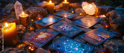 Mystical Tarot Cards in Celtic Cross Spread with Crystals and Candles | Spiritual Divination and Esoteric Ritual Concept photo