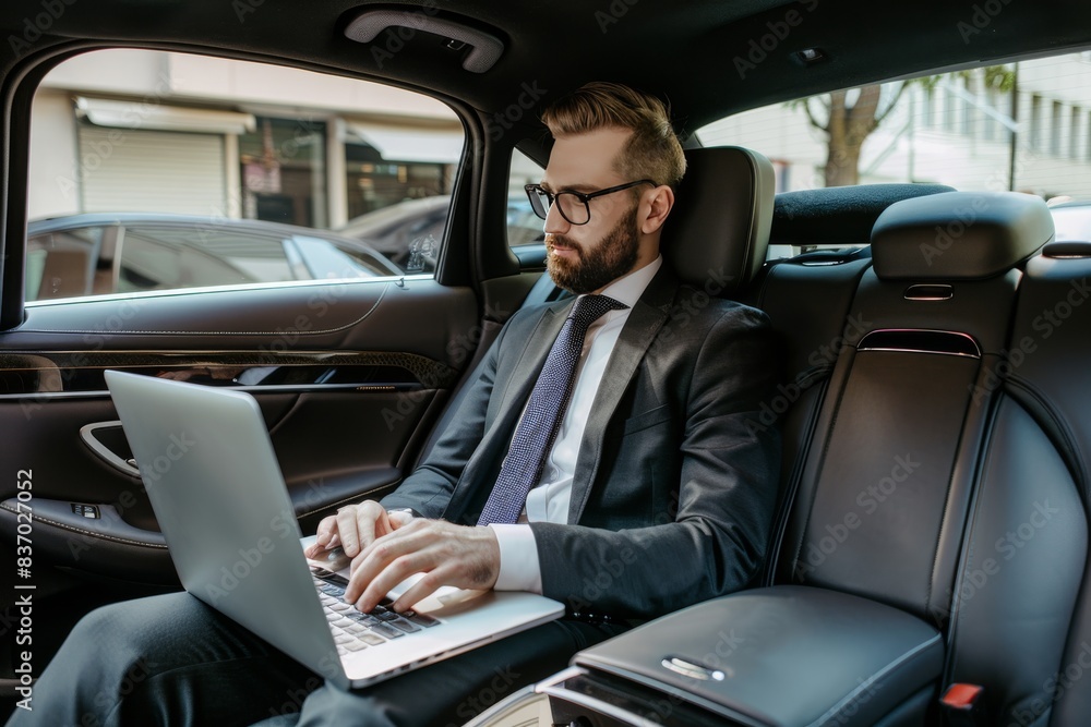 A business professional in the back seat of an Uber, using a laptop to conduct business while being driven to a meeting A business professional in the back seat of an Uber, using a laptop to conduct business while being driven to a meeting
