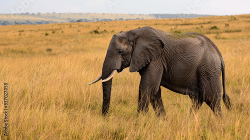 A large elephant is walking through a field of tall grass