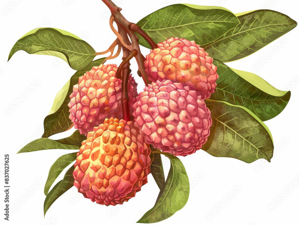 A bunch of freshly picked lychees in perfect condition, green fruit concept. Collection of red lychee fruits isolated on white background, fresh red lychee or lychee fruit PNG file on white background