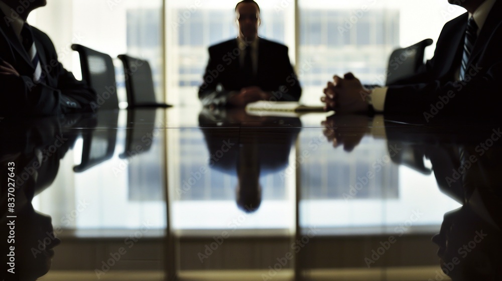 Corporate Executives Strategizing in Symmetric Meeting Room with Soft Lighting and Busy Office Background Corporate Executives Strategizing in Symmetric Meeting Room with Soft Lighting and Busy Office Background