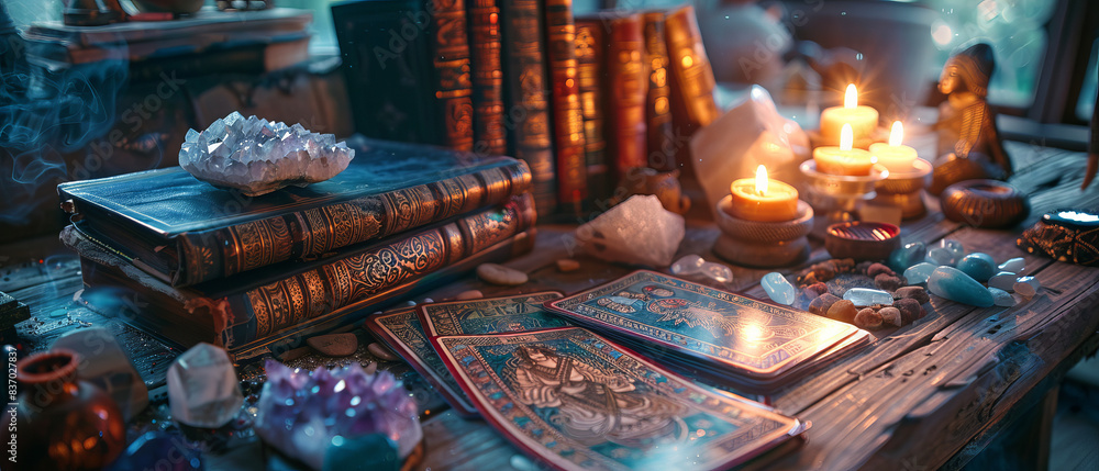 Mystical Fortune Teller's Table with Tarot Cards, Crystals, and Ancient Books for Divination Mystical Fortune Teller's Table with Tarot Cards, Crystals, and Ancient Books for Divination