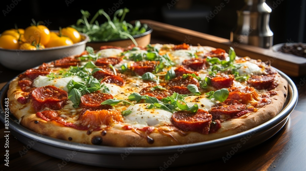 A gourmet cheese pizza with a crispy crust, tangy tomato sauce, and gooey melted mozzarella cheese, topped with fresh basil leaves and sliced pepperoni, satisfying cravings for classic comfort food. A gourmet cheese pizza with a crispy crust, tangy tomato sauce, and gooey melted mozzarella cheese, topped with fresh basil leaves and sliced pepperoni, satisfying cravings for classic comfort food.