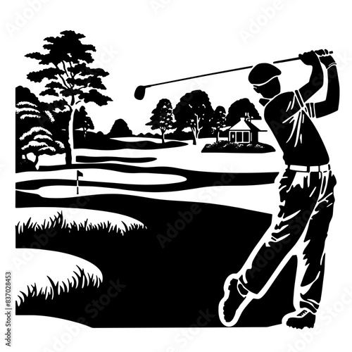 Cartoon Black and White Isolated Illustration Vector Of A Golf Player Mid Swing On Golf Course