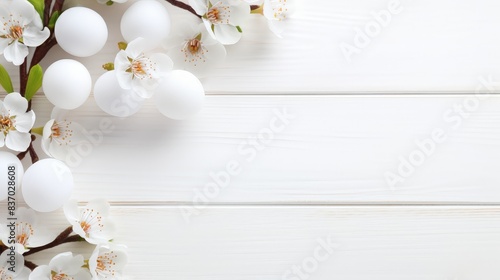 Sakura blossom flower, white happy easter eggs on white wood spring background