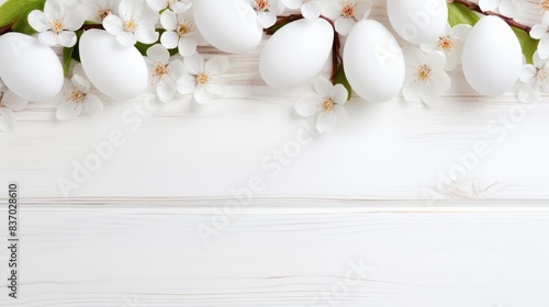 Sakura blossom flower, white happy easter eggs on white wood spring background