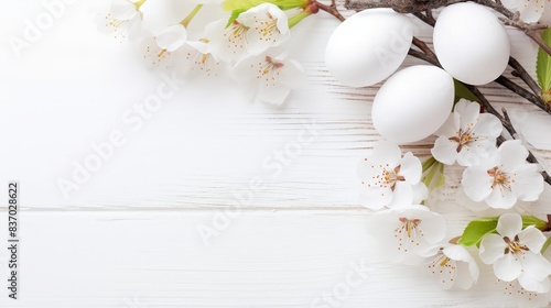 Sakura blossom flower, white happy easter eggs on white wood spring background