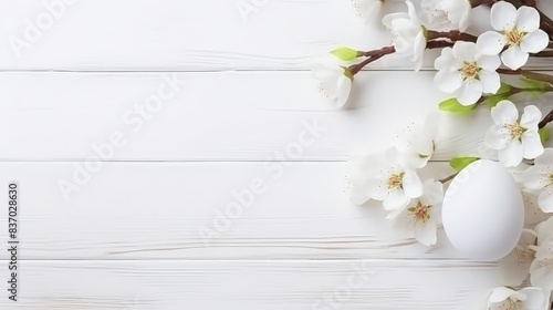 Sakura blossom flower, white happy easter eggs on white wood spring background