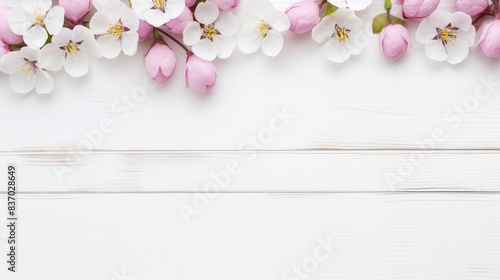 Sakura blossom flower, white happy easter eggs on white wood spring background