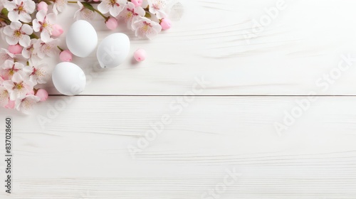 Sakura blossom flower, white happy easter eggs on white wood spring background