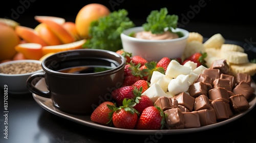 A decadent chocolate fondue fountain with skewers of fresh fruit, marshmallows, and cookies for dipping, creating a fun and interactive dessert experience for parties and events. Minimal and Simple, photo