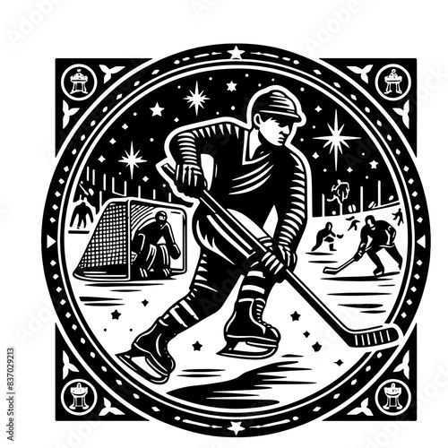 Cartoon Black and White Isolated Illustration Vector Of A Vintage Ice Hockey Player Logo