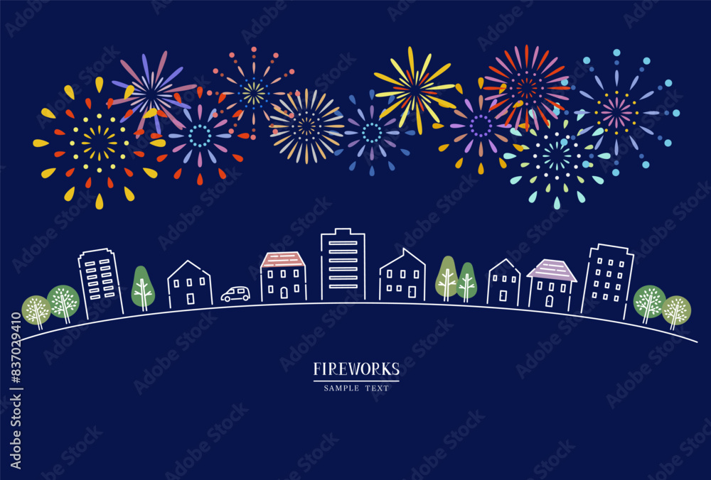 Fototapeta premium 花火と夜の町並み / vector eps