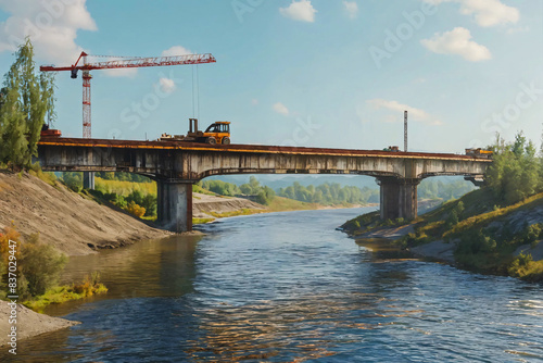 Repair and reconstruction of the old bridge over the river. Computer graphics illustration.