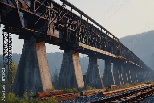 Old destroyed bridge with broken railway. Computer graphics illustration.