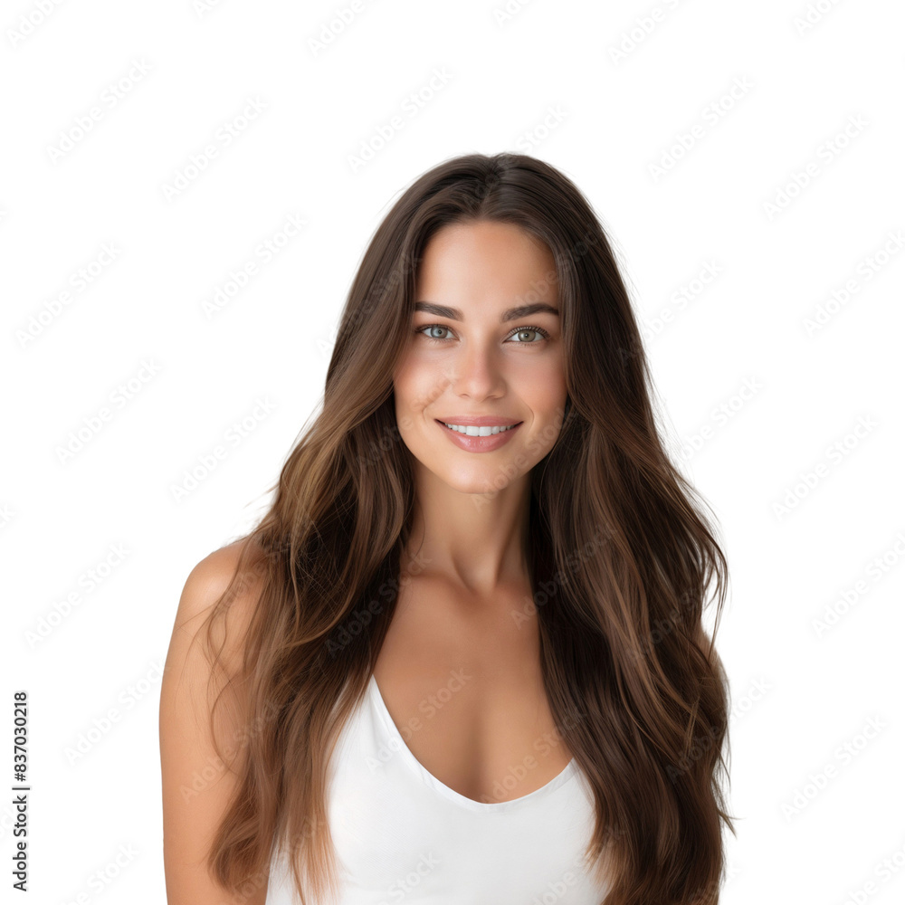 Cheerful smiling mature woman wearing casual clothes with long brunette hair, isolated on transparent background Cheerful smiling mature woman wearing casual clothes with long brunette hair, isolated on transparent background