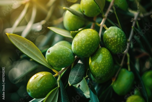 Hanging green olives on tree