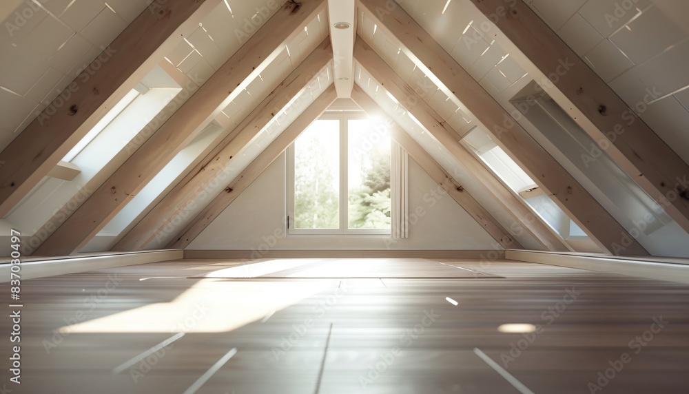 Sunlit Attic Room With Wooden Beams and Floorboards Sunlit Attic Room With Wooden Beams and Floorboards