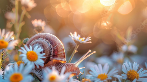 Explore the minute details of a snail's head amidst a vibrant meadow scene, captured in ultrarealistic 32k resolution. AI generative.