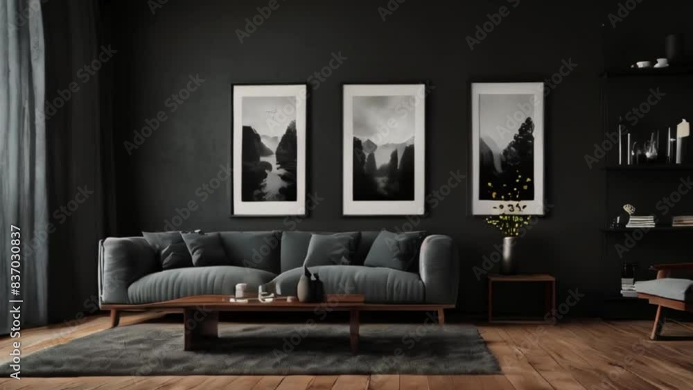 Modern Living Room with Dark Walls, Grey Sofa, and Black and White Artwork Modern Living Room with Dark Walls, Grey Sofa, and Black and White Artwork