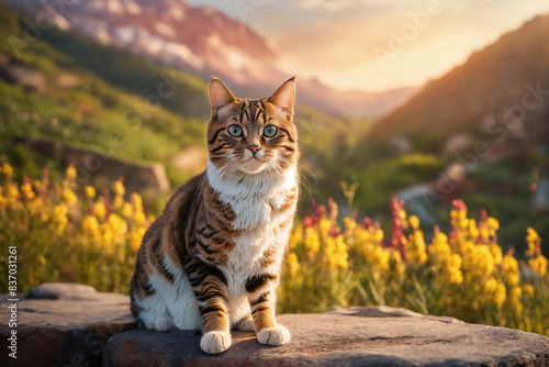 Domestic cat sitting on a stone in the evening summer highlands