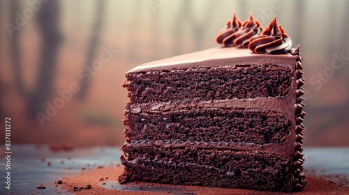 Delicious slice of chocolate cake with rich frosting, standing out against a soft, hazy background. Perfect for dessert lovers and foodies. photo