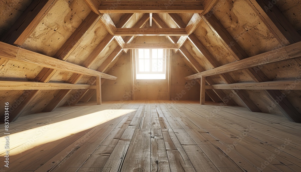 Obraz premium Sunlit Attic Room With Wooden Beams and Floorboards