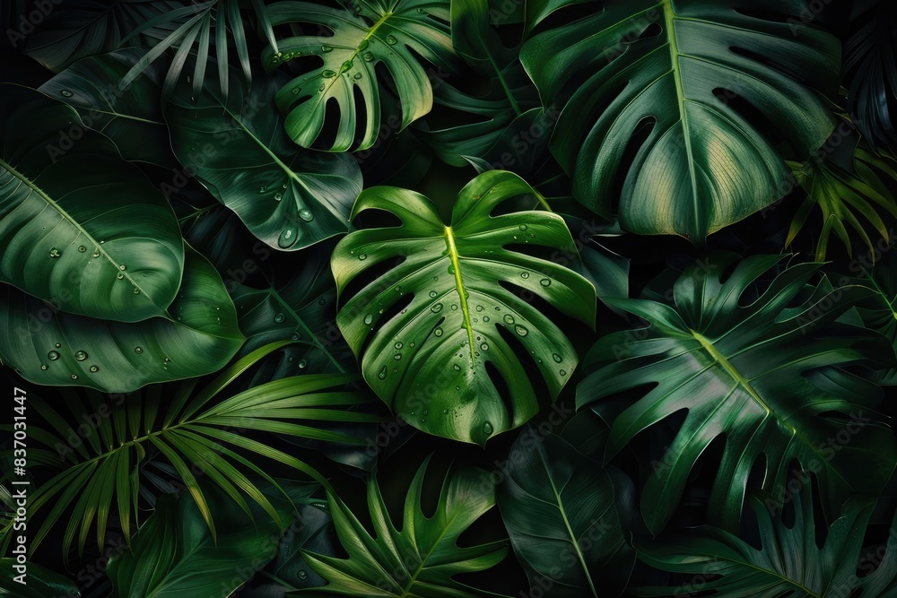 Lush green monstera leaves, creating a vibrant tropical jungle atmosphere. Ideal for nature, botanical themes, backgrounds, and decor projects. Lush green monstera leaves, creating a vibrant tropical jungle atmosphere. Ideal for nature, botanical themes, backgrounds, and decor projects.