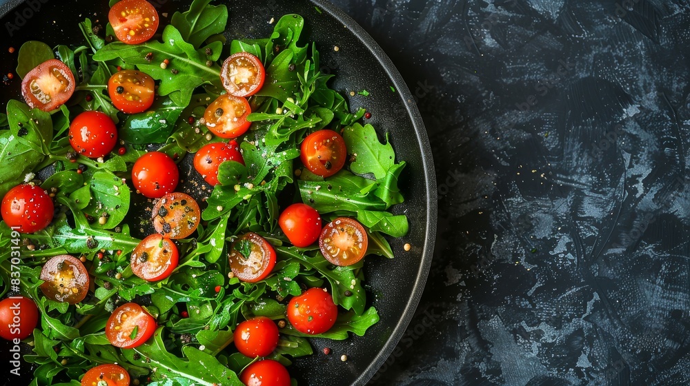 Fresh arugula and cherry tomato salad on a black plate with a dark textured background. Healthy, vibrant, and delicious meal option. Fresh arugula and cherry tomato salad on a black plate with a dark textured background. Healthy, vibrant, and delicious meal option.
