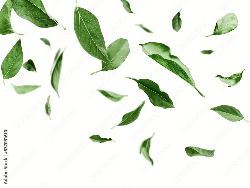Green Floating Leaves Flying, Green Leaf Dancing, Air Purifier Atmosphere on white background Green Floating Leaves Flying, Green Leaf Dancing, Air Purifier Atmosphere on white background