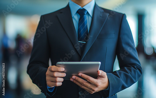 Businessman in Suit Holding Tablet in Office