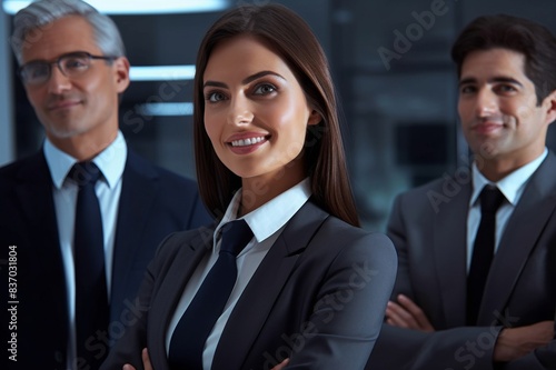 portrait of a businesswoman smiling with two businessmen beside her © alisaaa