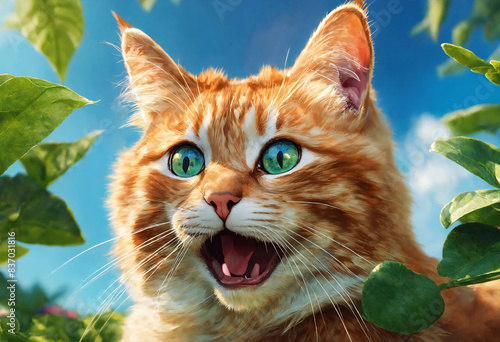 Spring march cat portrait in green leaves. Screaming cat with a surprised face.