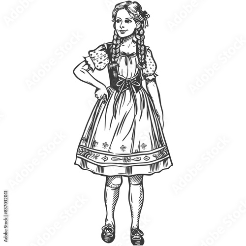 Dirndl Girl Sketch: Bavarian Dress, Braids, Traditional Costume, Engraved Illustration