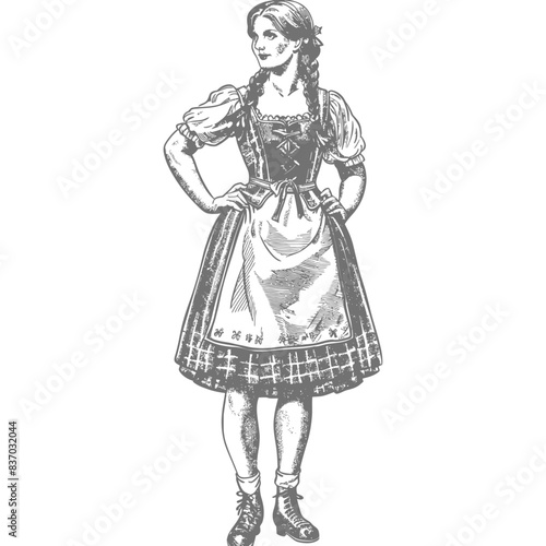 Engraved Fraulein: Oktoberfest Maiden with Braids in Traditional Dirndl Dress.
