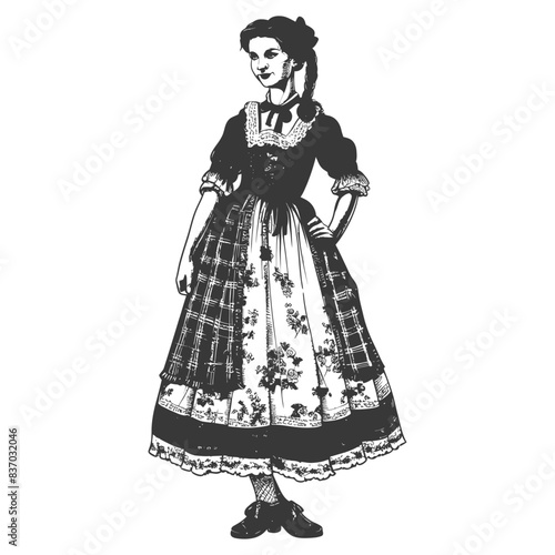 Etched Folk Costume: Girl in Patchwork Skirt, Lace Trim, Black & White Illustration, Vintage Style.