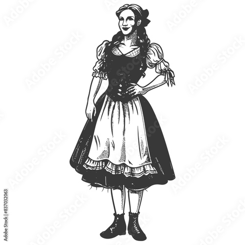 Engraved Bavarian Maiden: Full Figure, Dirndl Dress, Hand on Hip, Vintage Sketch Style.