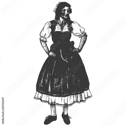 Peasant Woman Illustration: Vintage Dress, Apron, and Headscarf.