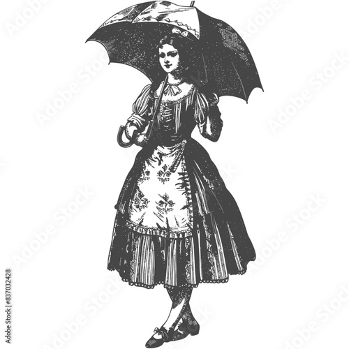 Vintage Victorian Woman with Parasol, Black and White Engraving Style Illustration.