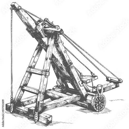 Medieval Trebuchet Sketch: Detailed Engraving of a Historic Siege Engine.