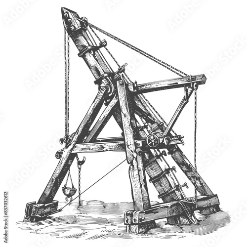 Medieval Trebuchet: Detailed Engraving of a Siege Engine.