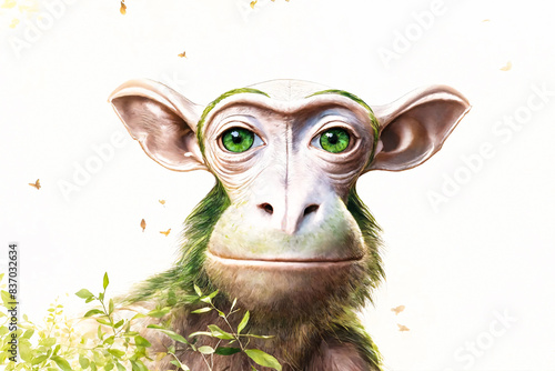 Face of green monkey with big green eyes. Portrait of ape-like creature in green leaves.  Computer drawn graphic illustration.