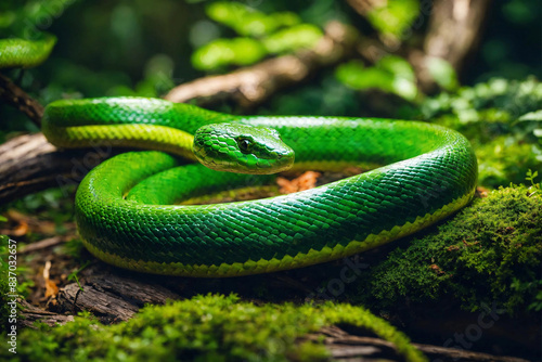 Green snake coiling in greenery of summer forest