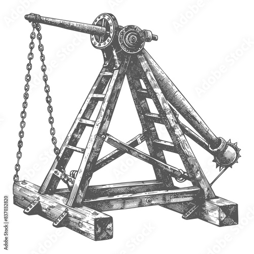 Medieval Trebuchet: Detailed Etching of a Siege Engine.