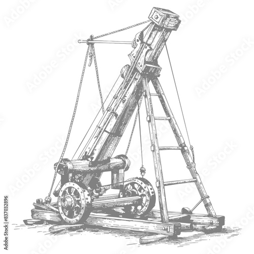 Antique Mortar Weapon, Detailed Line Drawing, Vintage Artillery.