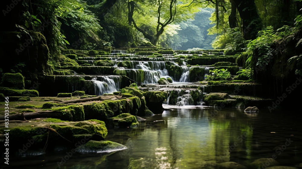 Naklejka premium A close-up of a cascading waterfall, with water droplets creating a fine mist and lush greenery framing the natural spectacle, inviting viewers to immerse themselves in the beauty of flowing water.